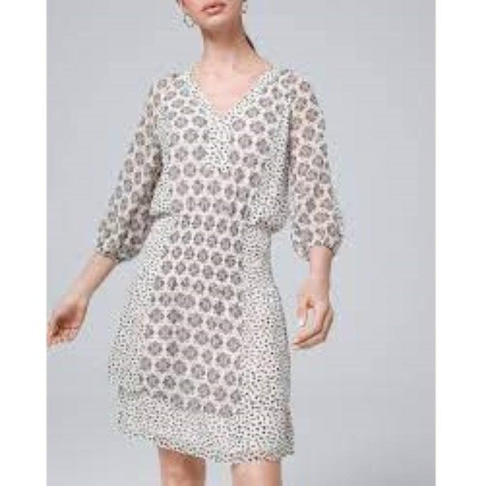 WHITE HOUSE BLACK MARKET Women's Mixed Print Tiered Blouson Dress Smocked sz XS